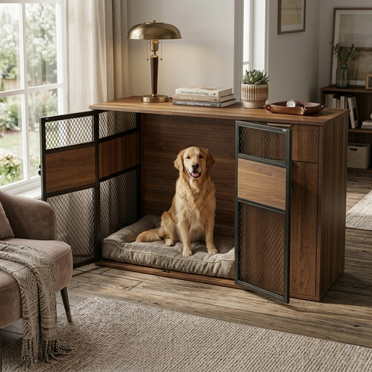 Dog Crate Furniture – Sleek Black Metal Gate, Dark Wood, Large & Medium Dogs