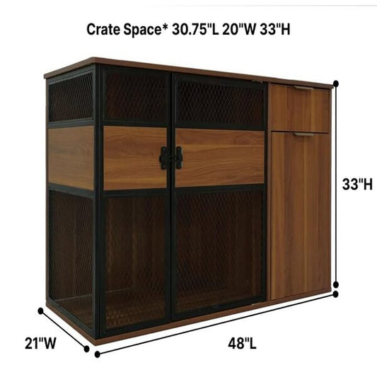 Dog Crate Furniture – Sleek Black Metal Gate, Dark Wood, Large & Medium Dogs