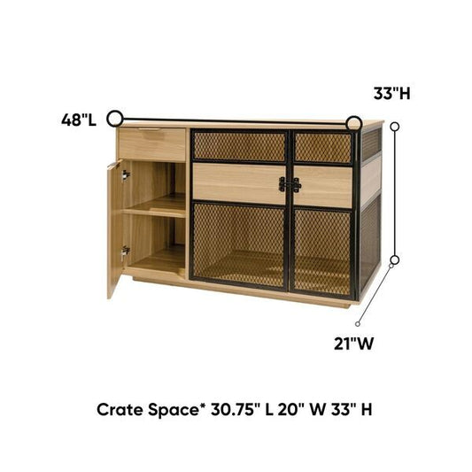 Dog Crate Furniture with Sleek Black Metal Gate, Enhanced Airflow and Visibility - Lucky Kennels Elegant Upgrade for Living Spaces (Light) for Large Medium Dogs.