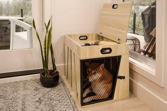 Dog Crate Furniture – Light Wood, Hidden Storage & Metal Door, Small