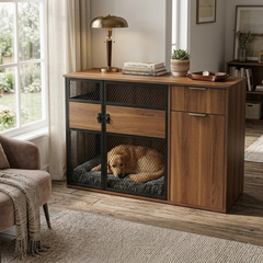 Dog Crate Furniture with Sleek Black Metal Gate, Enhanced Airflow and Visibility - Lucky Kennels Elegant Upgrade for Living Spaces (Dark) for Large Medium Dogs.