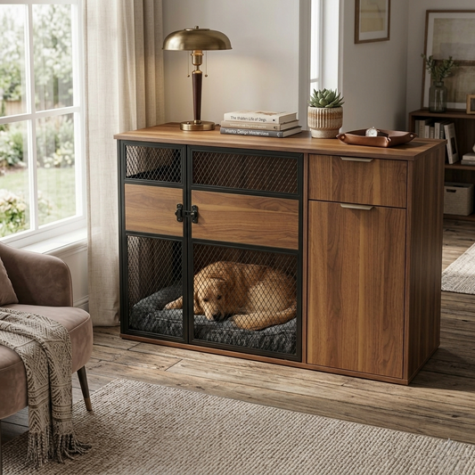 Dog Crate Furniture with Sleek Black Metal Gate, Enhanced Airflow and Visibility - Lucky Kennels Elegant Upgrade for Living Spaces (Dark) for Large Medium Dogs.