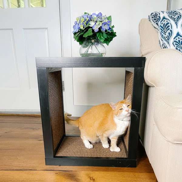 2-in-1 Cat Scratcher End Table – Modern Wood Side Table with Customizable Sisal Scratching Pad – Versatile Furniture for Cats and Home Decor Dark Wood