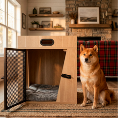 Dog Crate Furniture   (Light wood Medium)- House Kennel for Medium Dogs,with Storage Compartment for Leashes, Treats, Beds,  Lucky Kennels Penny  Wooden.