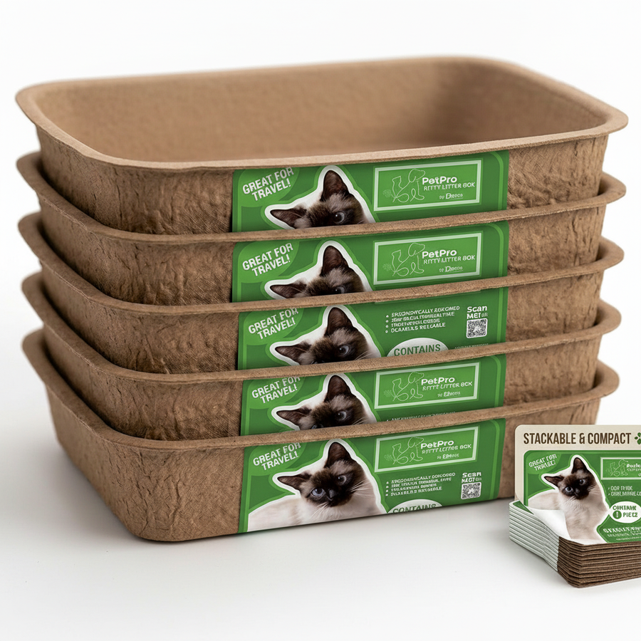 Disposable Molded Pulp Cat Litter Box 5 Pack | Travel Friendly Tray