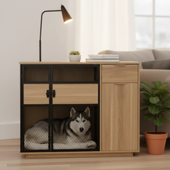 Dog Crate Furniture with Sleek Black Metal Gate, Enhanced Airflow and Visibility - Lucky Kennels Elegant Upgrade for Living Spaces (Light) for Large Medium Dogs.
