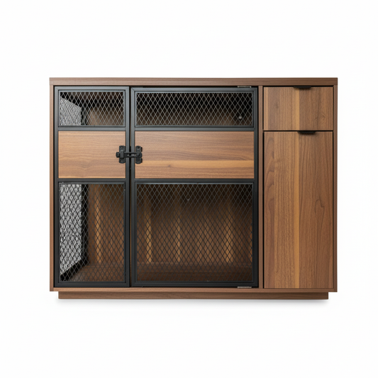 Dog Crate Furniture – Sleek Black Metal Gate, Dark Wood, Large & Medium Dogs