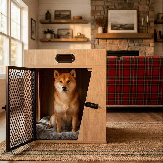Dog Crate Furniture   (Light wood Medium)- House Kennel for Medium Dogs,with Storage Compartment for Leashes, Treats, Beds,  Lucky Kennels Penny  Wooden.