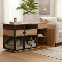Dog Crate Furniture with Sleek Black Metal Gate, Enhanced Airflow and Visibility - Lucky Kennels Elegant Upgrade for Living Spaces (Light) for Large Medium Dogs.