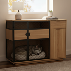 Dog Crate Furniture with Sleek Black Metal Gate, Enhanced Airflow and Visibility - Lucky Kennels Elegant Upgrade for Living Spaces (Light) for Large Medium Dogs.