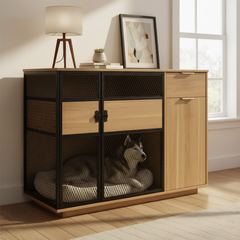 Dog Crate Furniture with Sleek Black Metal Gate, Enhanced Airflow and Visibility - Lucky Kennels Elegant Upgrade for Living Spaces (Light) for Large Medium Dogs.