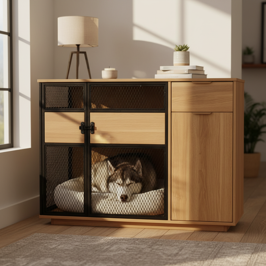 Dog Crate Furniture with Sleek Black Metal Gate, Enhanced Airflow and Visibility - Lucky Kennels Elegant Upgrade for Living Spaces (Light) for Large Medium Dogs.