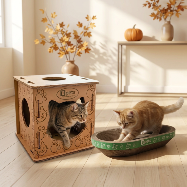 Cat House with Oval Scratcher – 2-in-1 Hideaway & Scratching Pad