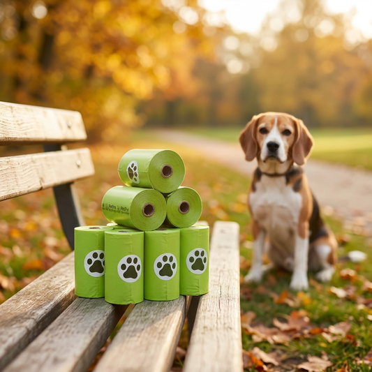 Detalle de bolsas PetPro con beagle en ambiente otoñal