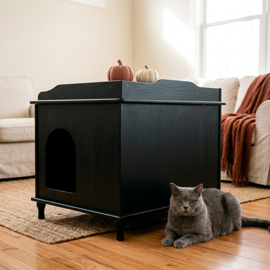 Gabinete negro para arenero con decoración otoñal discreta