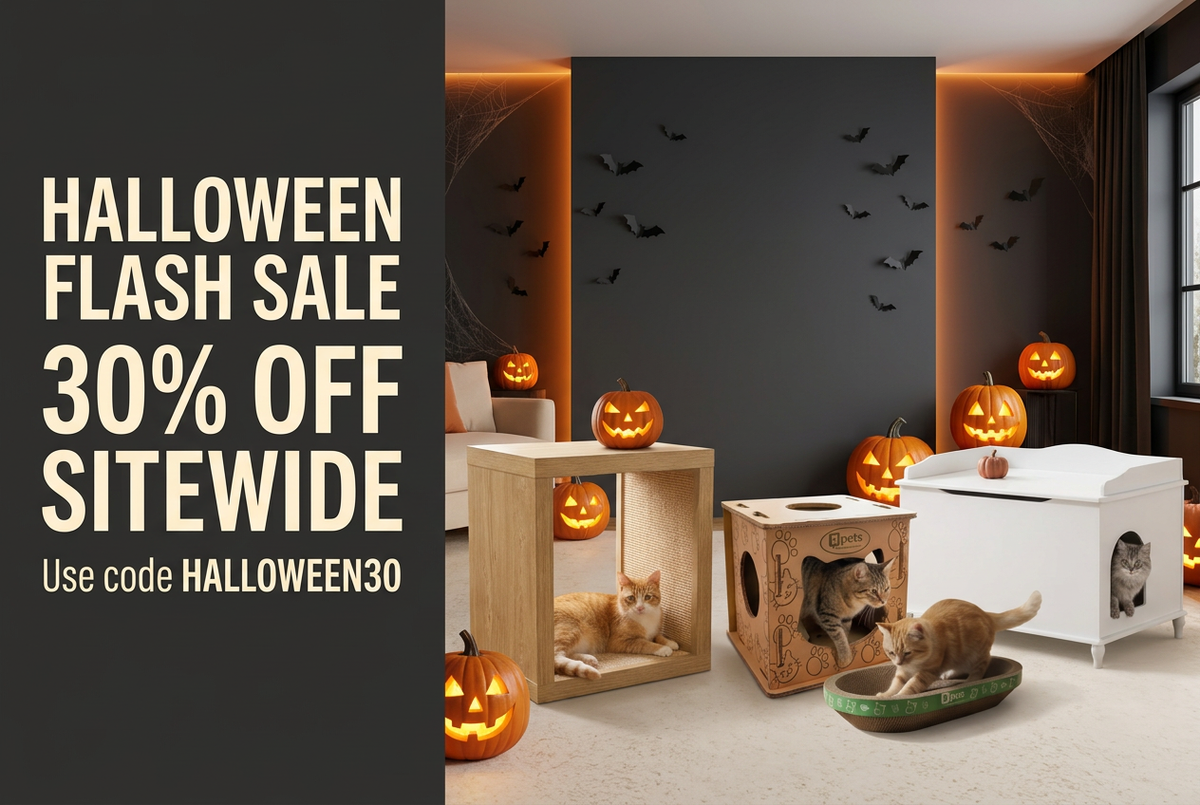 Halloween flash sale featuring a scratching table, scratching house, and white cabinet.