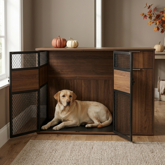 Dark Wood Dog Crate Autumn with Labrador