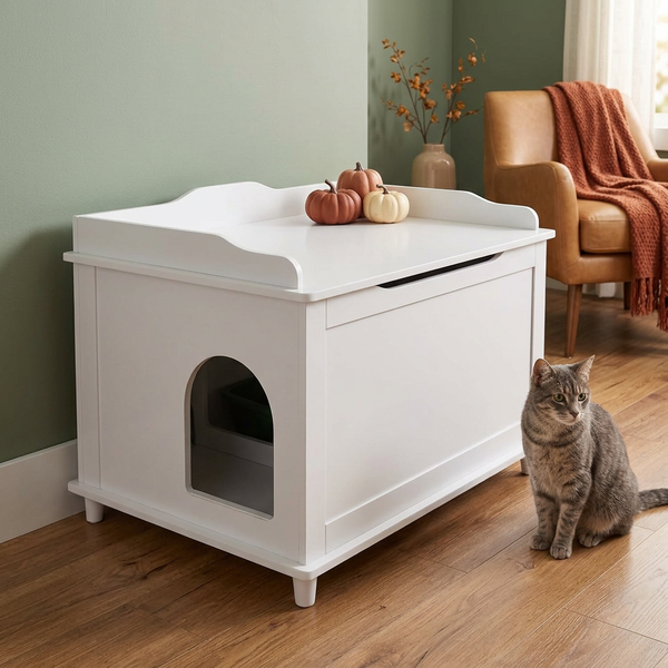 Designer Cat Litter Cabinet – Concealed Litter & Dog-Proof, White Jumbo