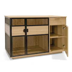 Dog Crate Furniture – Sleek Black Metal Gate, Light Wood, Large & Medium Dogs