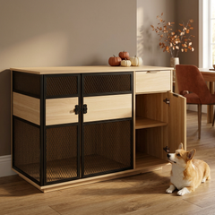 Dog Crate Furniture – Sleek Black Metal Gate, Light Wood, Large & Medium Dogs