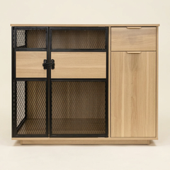 Dog Crate Furniture – Sleek Black Metal Gate, Light Wood, Large & Medium Dogs
