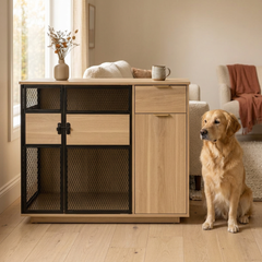 Dog Crate Furniture – Sleek Black Metal Gate, Light Wood, Large & Medium Dogs