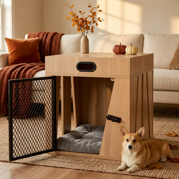 Dog Crate Furniture – Light Wood, Hidden Storage & Metal Door, Medium
