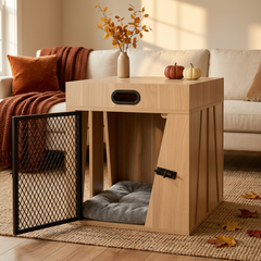Dog Crate Furniture – Light Wood, Hidden Storage & Metal Door, Medium