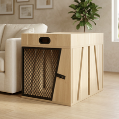 Dog Crate Furniture – Light Wood, Hidden Storage & Metal Door, Medium