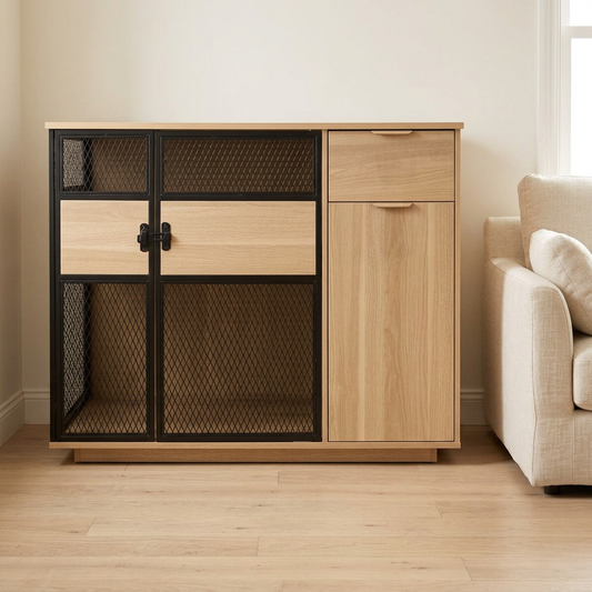 Mueble para perro en una sala de tonos neutros